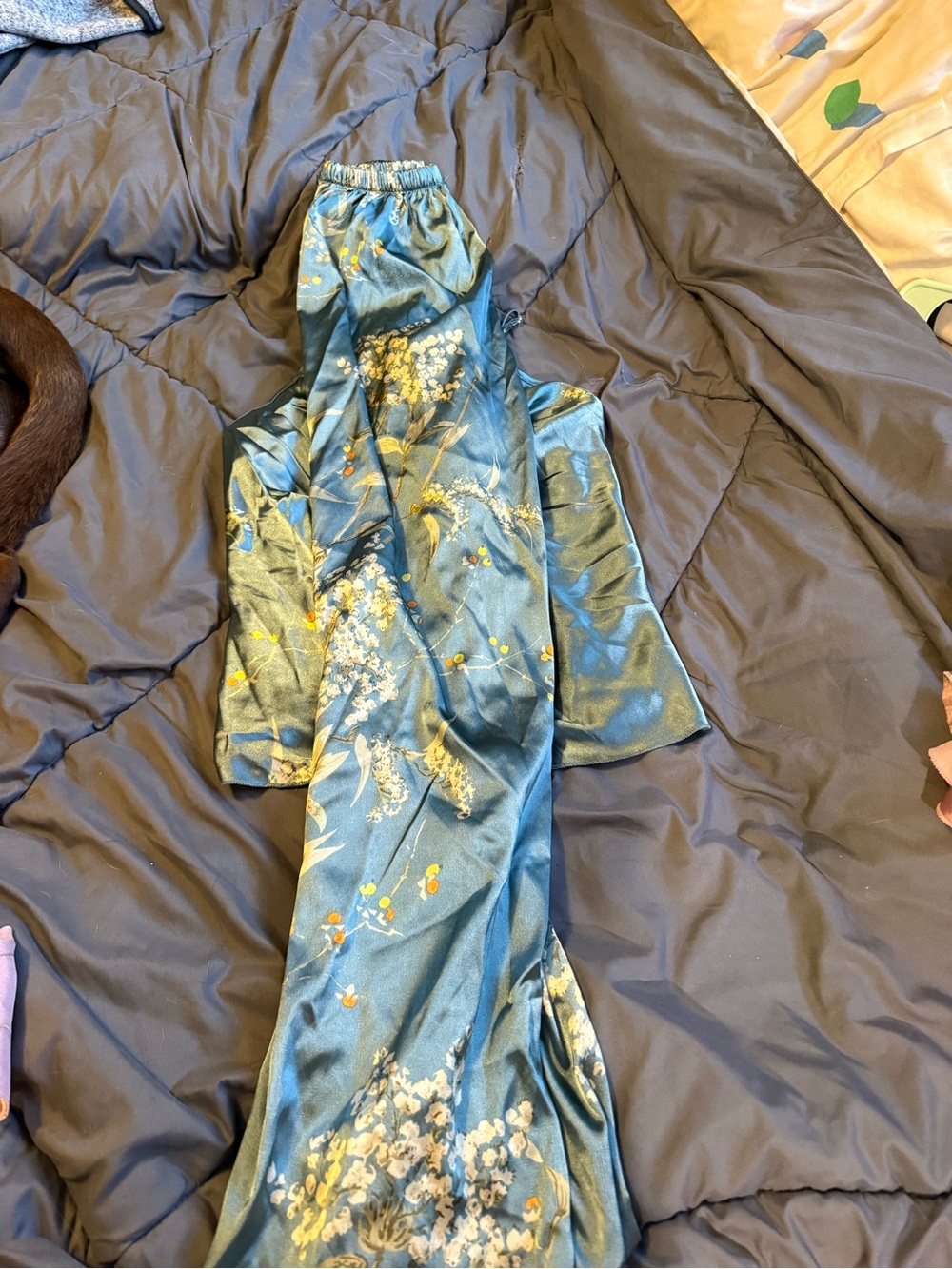 SHEIN Teal Floral Satin Pajama Set